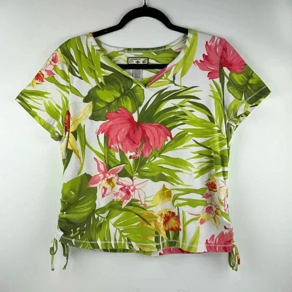 FLORAL CARIBBEAN JOE SZ PXL SHORT SLEEVES GREEN PINK WHITE YELLOW 1 Flaw